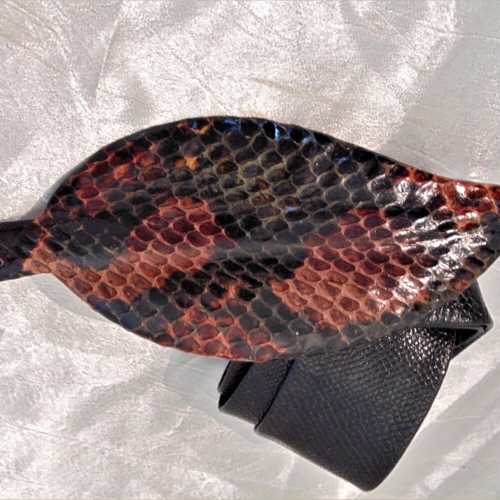 Vtg MCM Handmade Snakeskin Leather Belt Brown Black Wide Cinch Boho Adjustable